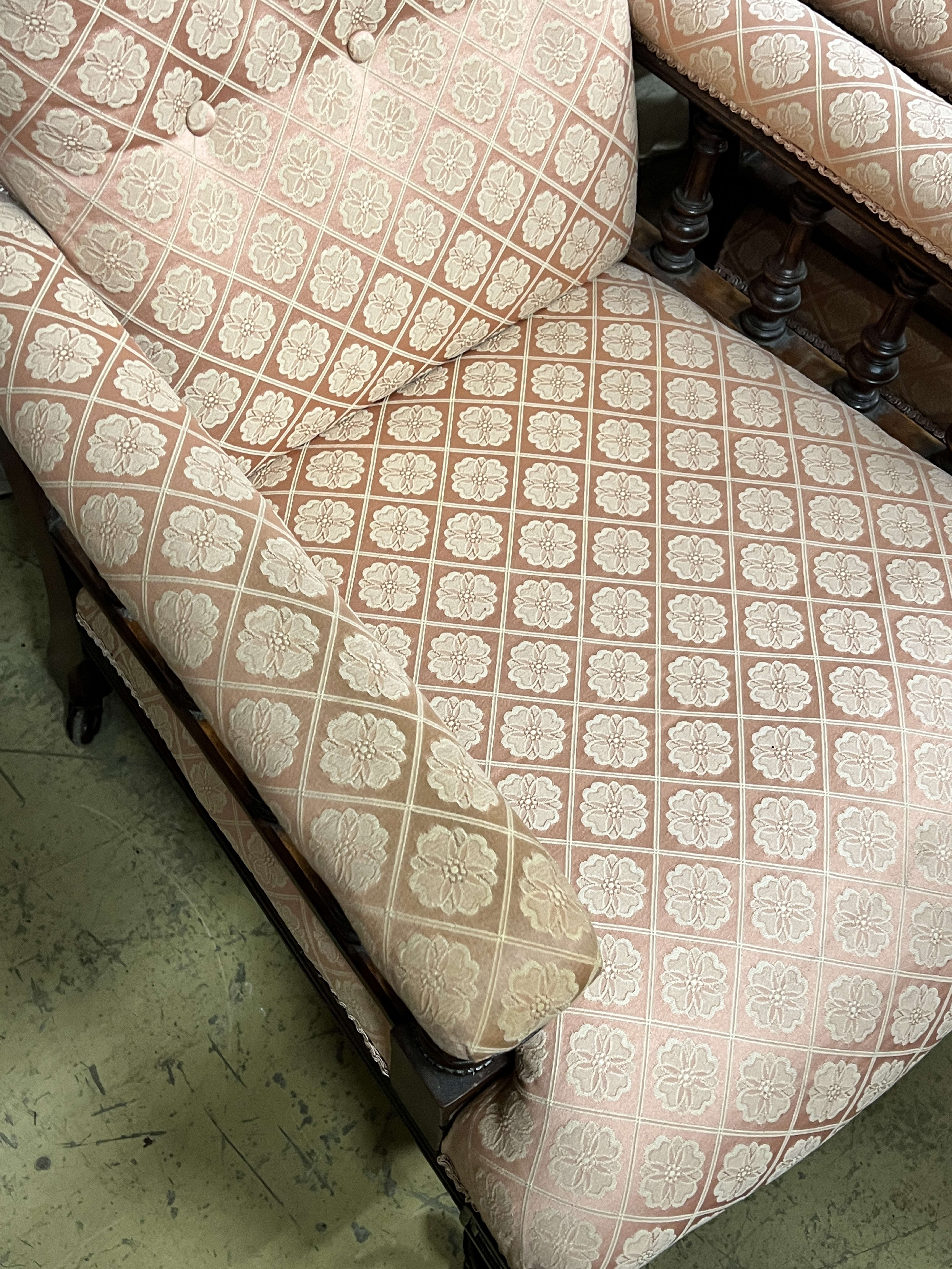 A pair of late Victorian upholstered walnut library chairs, width 68cm, depth 78cm, height 100cm